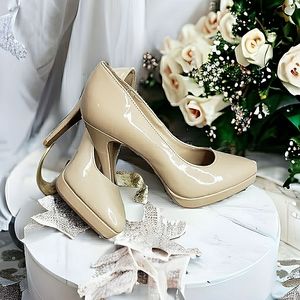 Elle Nude Faux Patent Leather Vegan Stiletto Platform Pumps Neutral Bridal Event